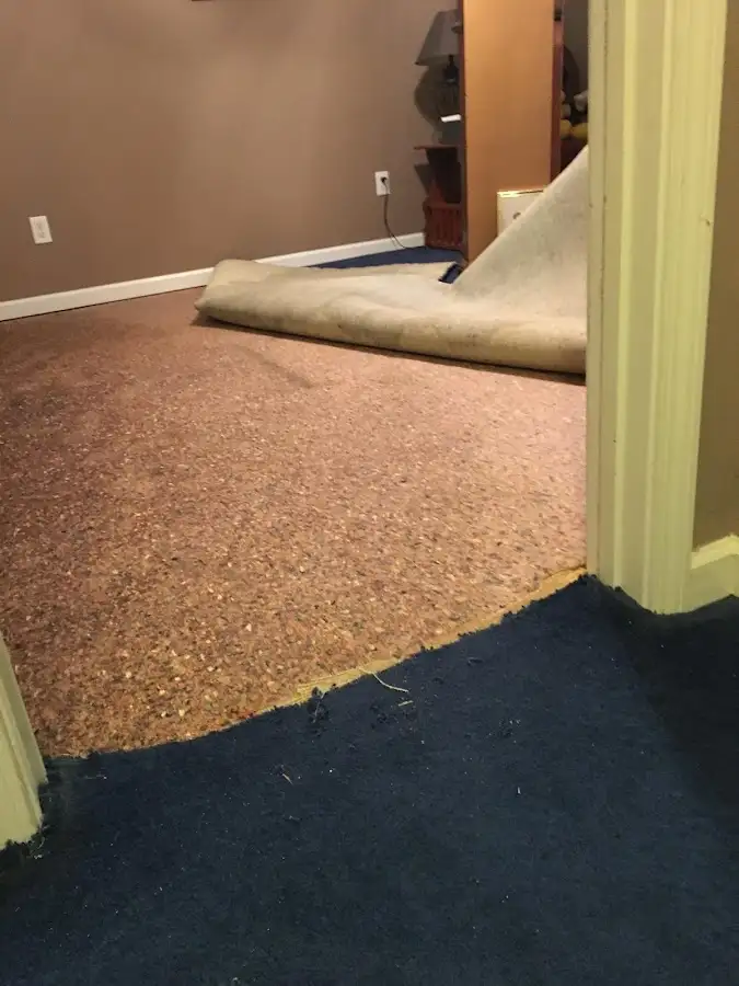 Carpet pad removal revealing water damage during Water Mitigation Services in Damascus